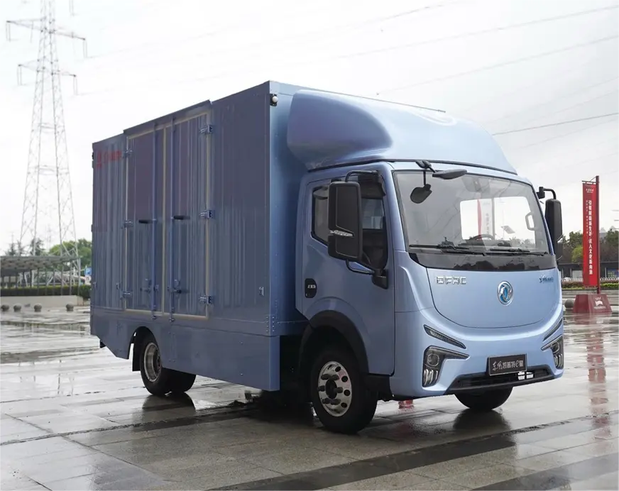 Light blue Dongfeng EV box truck | Pure electric box truck for urban logistics | Zero-emission delivery vehicle.