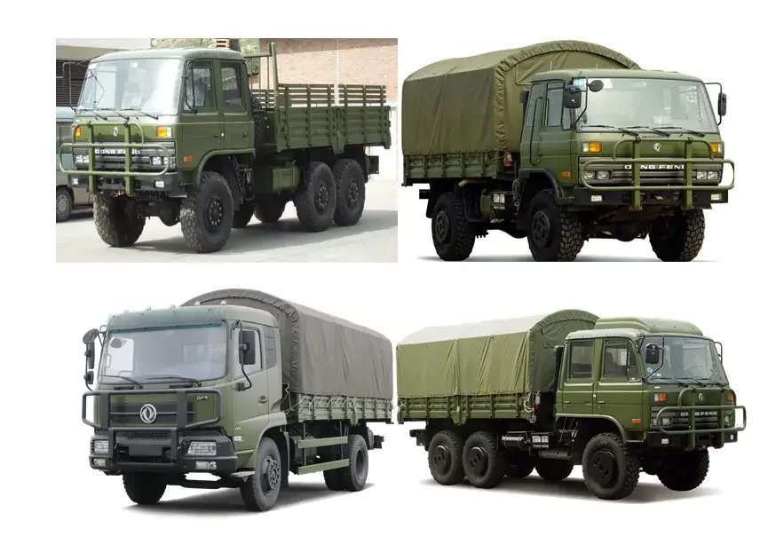 Dongfeng military off-road truck series, featuring 6×6 off-road trucks and canvas-covered military transport vehicles, demonstrating robust off-road performance and military-grade capabilities.
