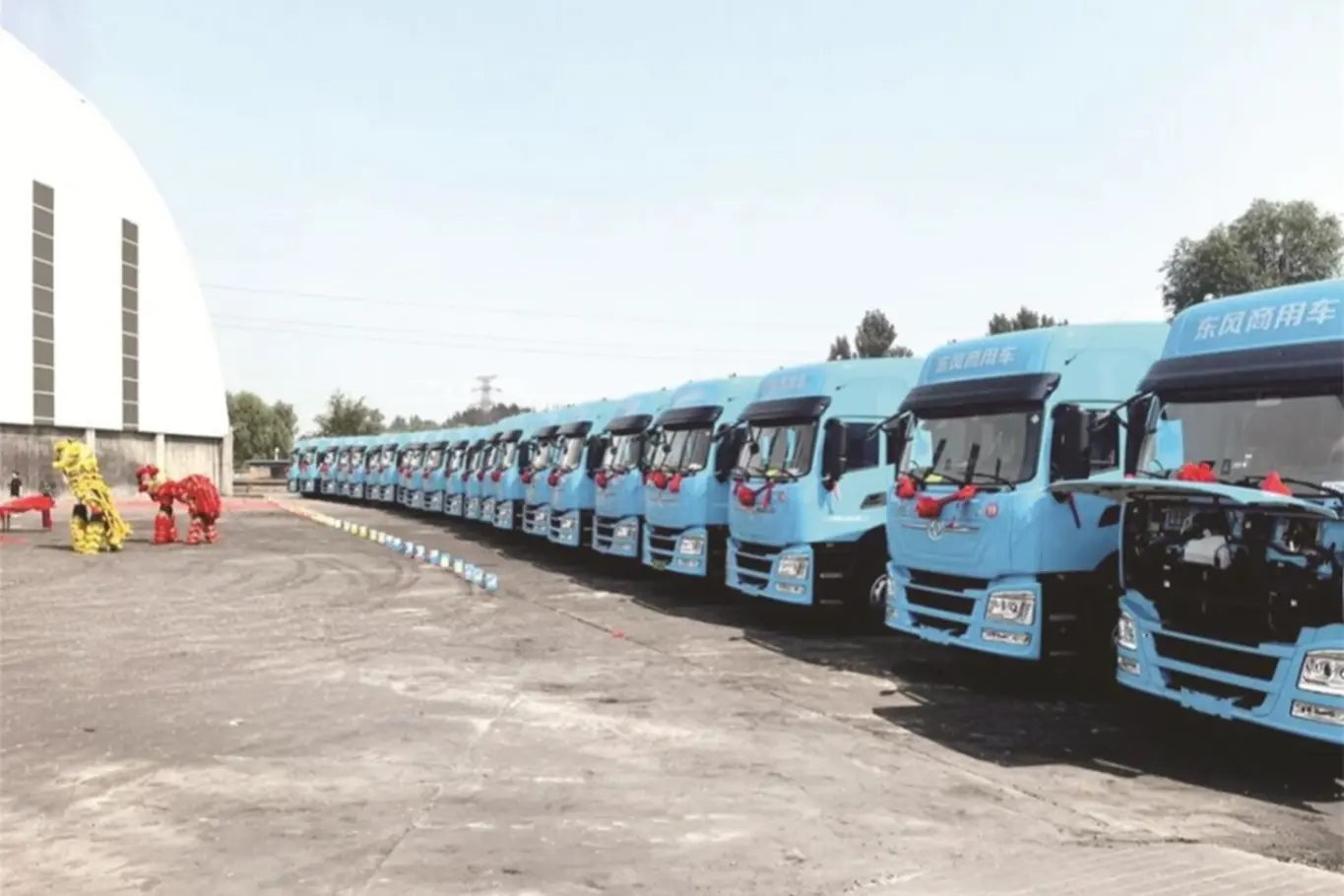 Large inventory of heavy - duty trucks and light commercial vehicles in the export logistics park, ready for overseas distribution.