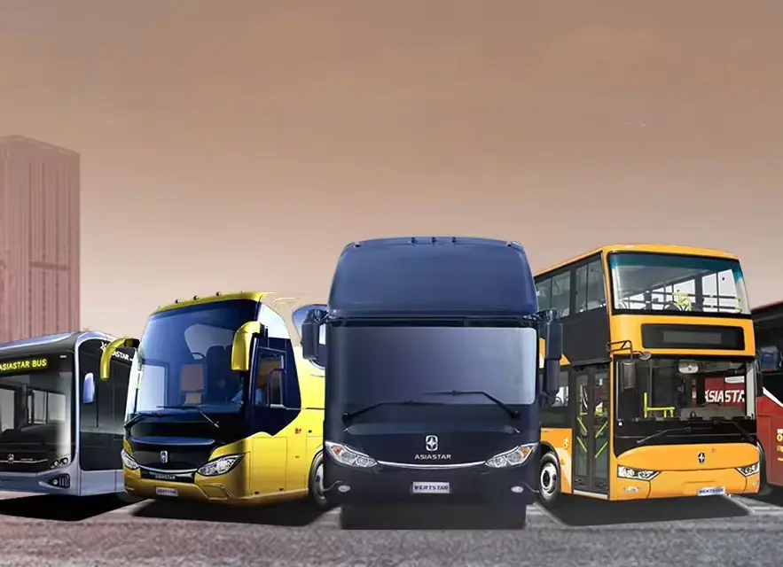 Dongfeng Bus multiple models display, including silver city bus, golden luxury coach, dark blue passenger bus, and yellow double-decker bus, showcasing Dongfeng's product lineup for urban transit and long-distance travel.