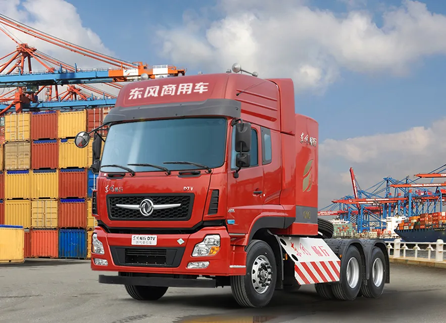 Dongfeng D7V tractor head – a powerful red tractor truck designed for efficient cargo hauling, suitable as a heavy-duty tow truck in port operations.